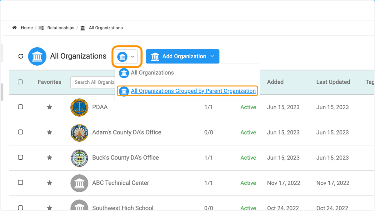 Click on organization icon and then click on 'All Organizations Grouped by Parent Organization'