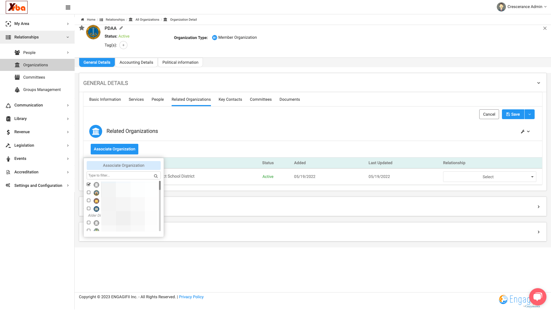 Either type the name of the organization or scroll and then check the box
