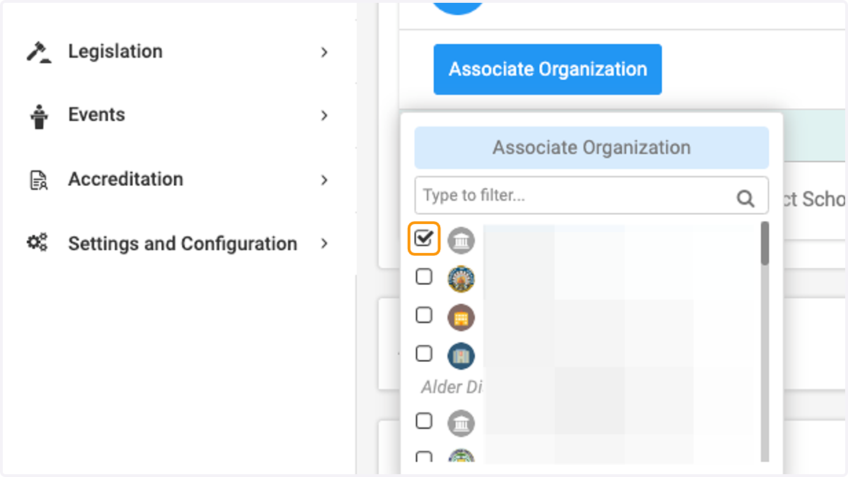 Either type the name of the organization or scroll and then check the box