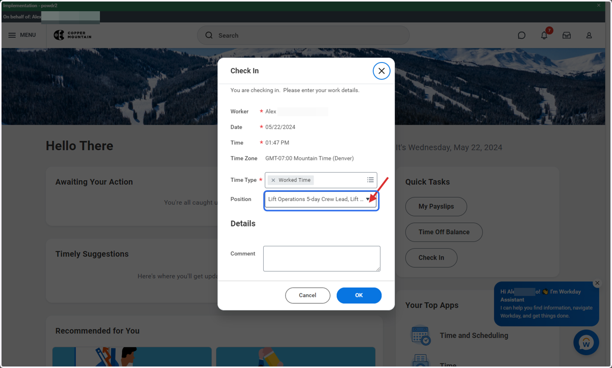 If applicable, click Position dropdown in order punch in from your list of additional jobs