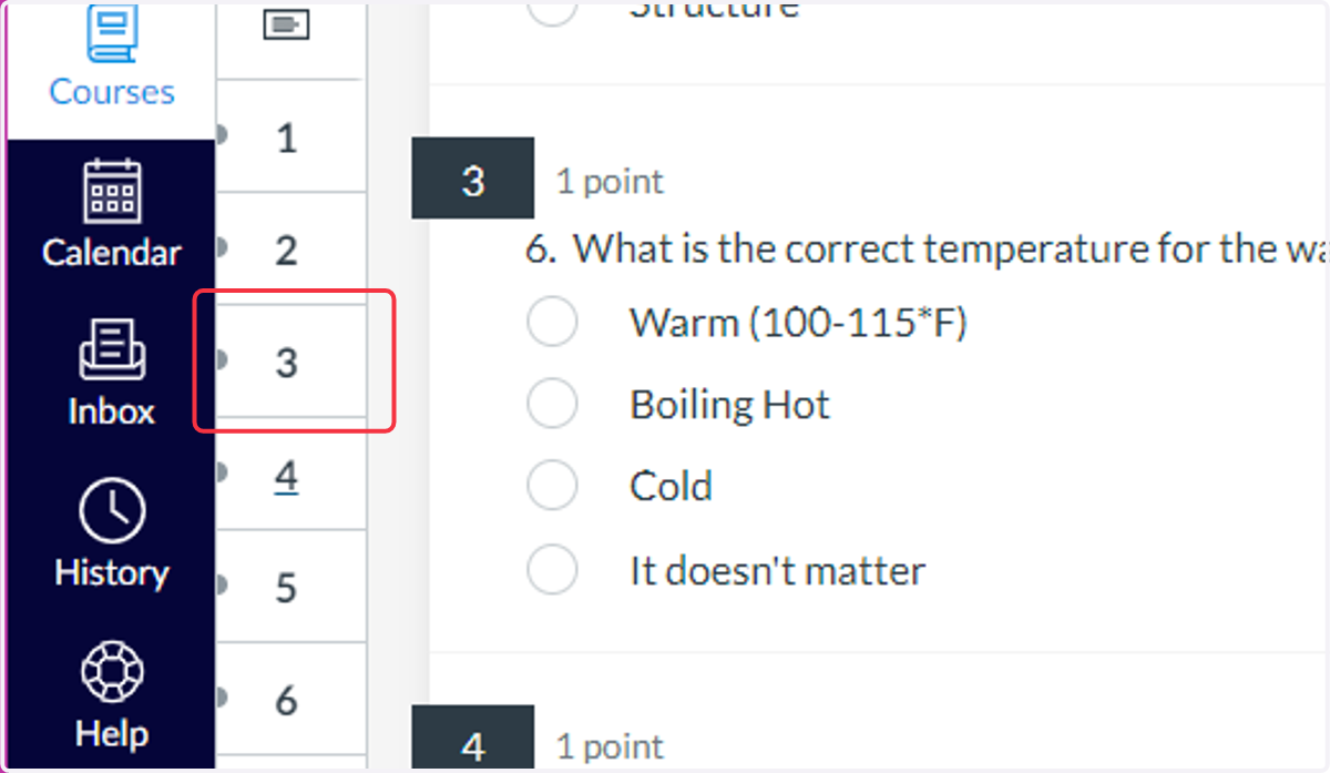 Quiz Navigation menu Question numbers