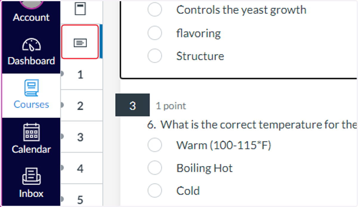 Select the Navigate to Instructions icon in the menu to view the quiz instructions