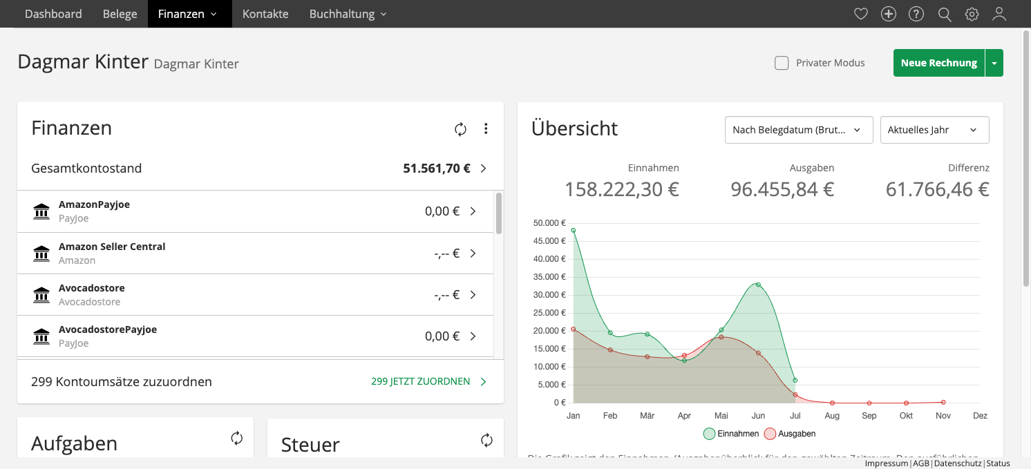 Logge dich in dein Lexoffice Konto ein und klicke auf „Finanzen“