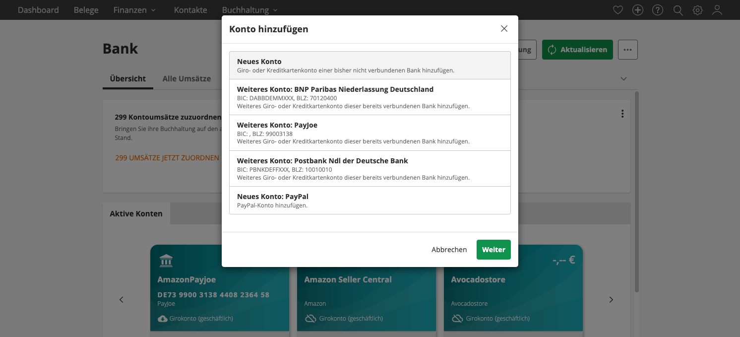 Es öffnet sich ein neues Fenster. Klicke oben auf „Neues Konto“ und dann auf „weiter“.