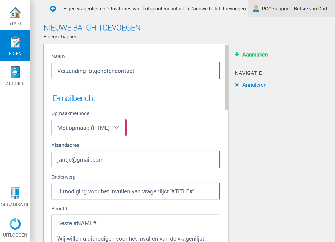 Als je klaar bent met het maken van je bericht wat verstuurt moet worden klik je aan de rechterkant op Aanmaken