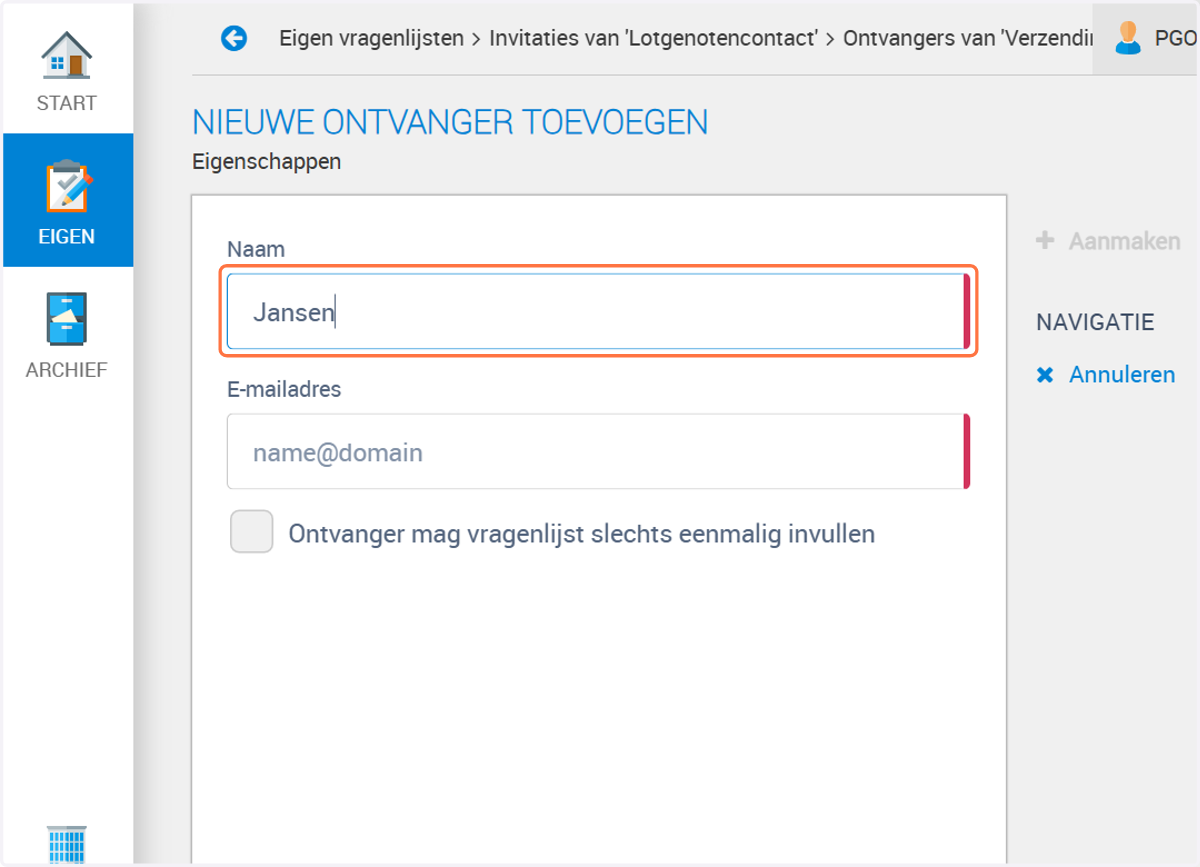Vul bij naam de naam van de ontvanger in. In dit voorbeeld Jansen