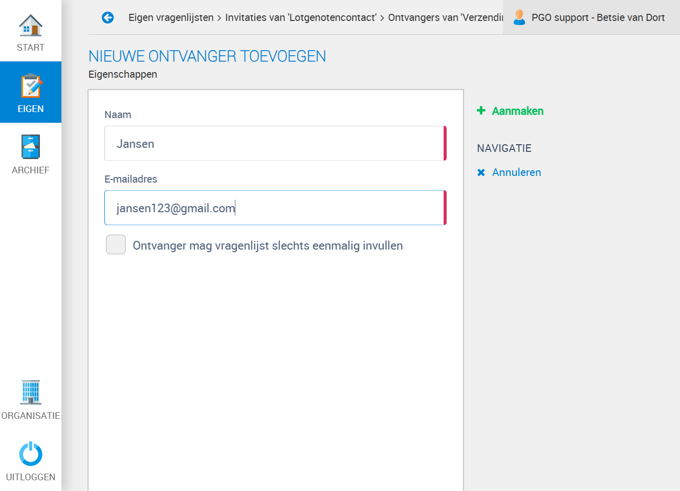Vul bij emailadres het emailadres van de ontvanger is. In dit voorbeeld jansen123@gmail.com