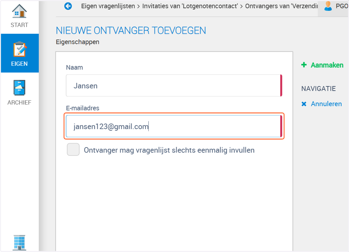 Vul bij emailadres het emailadres van de ontvanger is. In dit voorbeeld jansen123@gmail.com