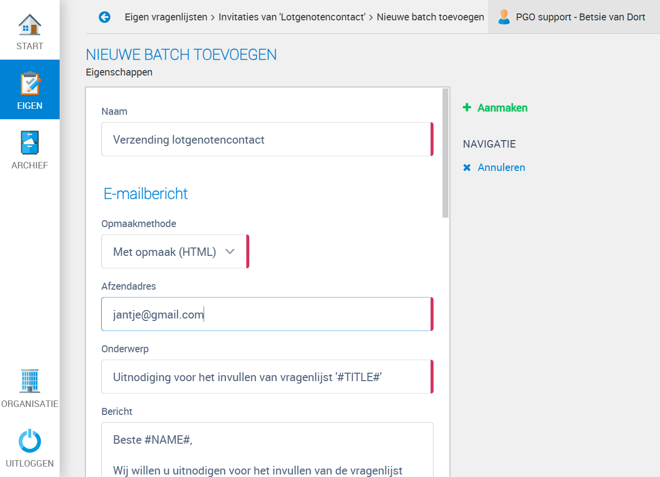 Vul bij afzendadres het emailadres waar vandaan de emails verstuurd moeten worden in. Hier komen dan de emails ook terug als mensen per email een vraag stellen. bijvoorbeeld secretaris@jouworganisatienaam.nl. Spreek van te voren met elkaar af wie de 