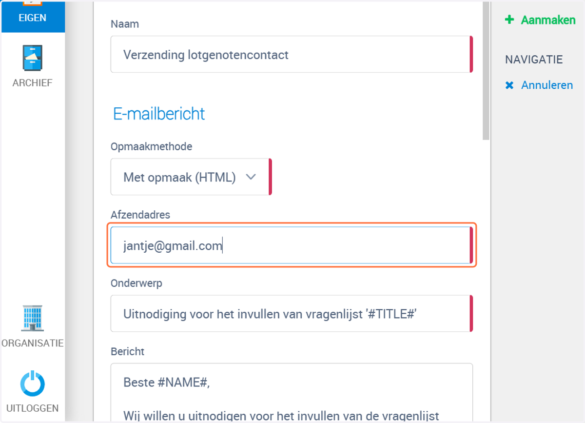 Vul bij afzendadres het emailadres waar vandaan de emails verstuurd moeten worden in. Hier komen dan de emails ook terug als mensen per email een vraag stellen. bijvoorbeeld secretaris@jouworganisatienaam.nl. Spreek van te voren met elkaar af wie de