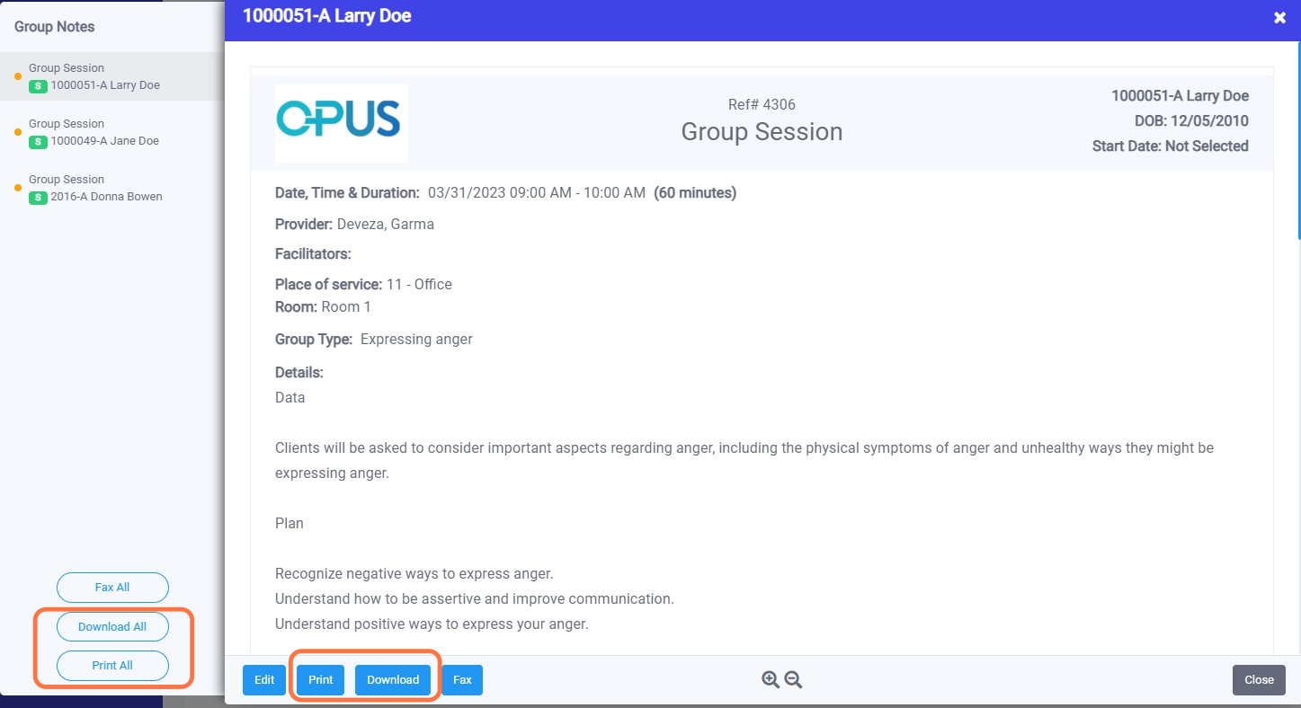 For multiple group notes, you have the option to "Download & Print all" group notes at once or Download and Print individual group notes.