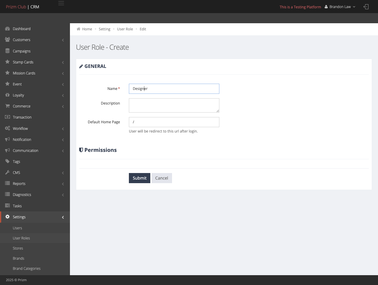 Insert the name of the User Role and click Submit