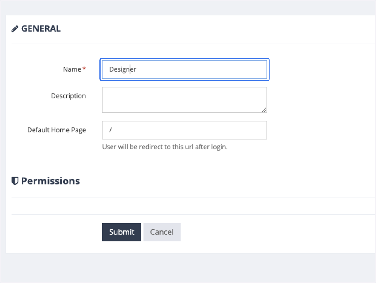 Insert the name of the User Role and click Submit