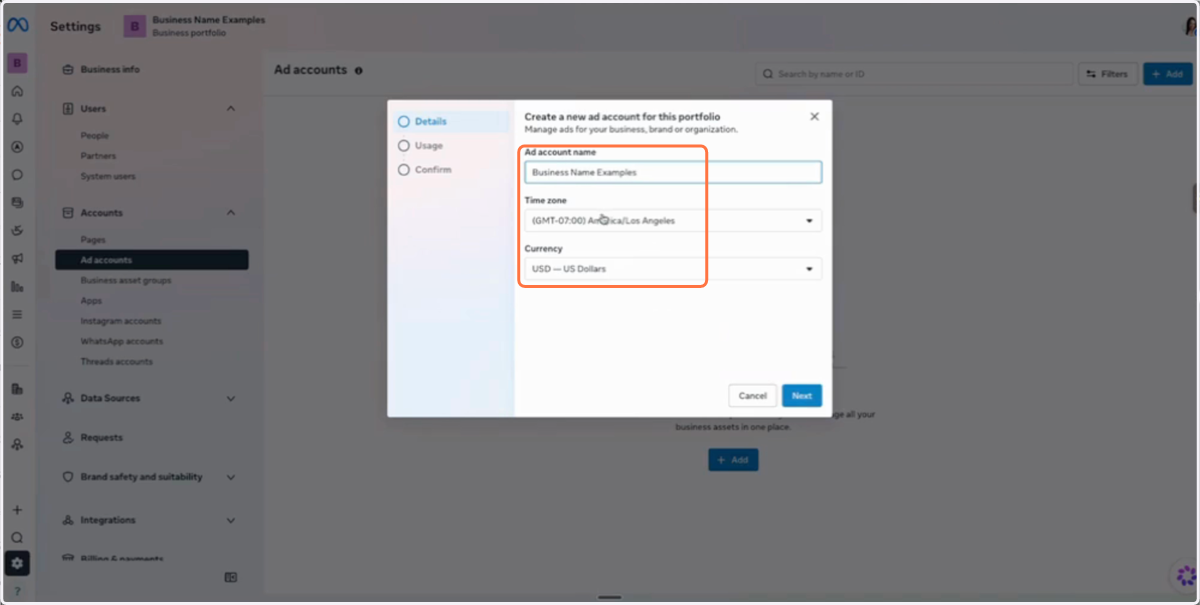Add your Ad account name, Time one and Currency