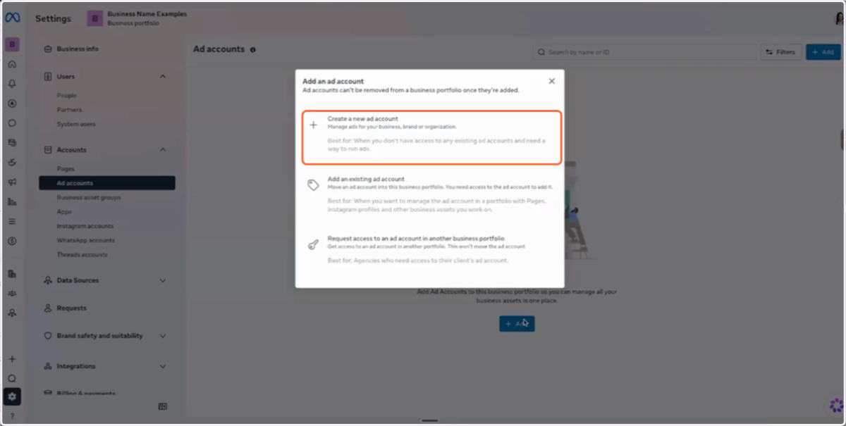 Click Create a new ad account
