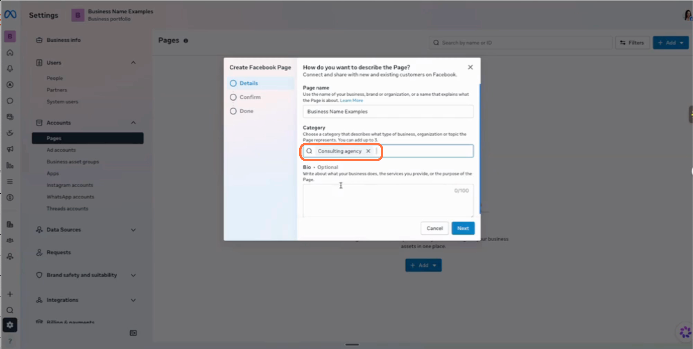 Enter your business name as the Page name and under Category add "Consulting Agency"