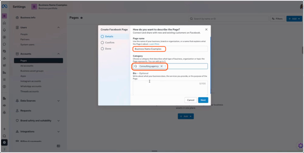 Enter your business name as the Page name and under Category add "Consulting Agency"