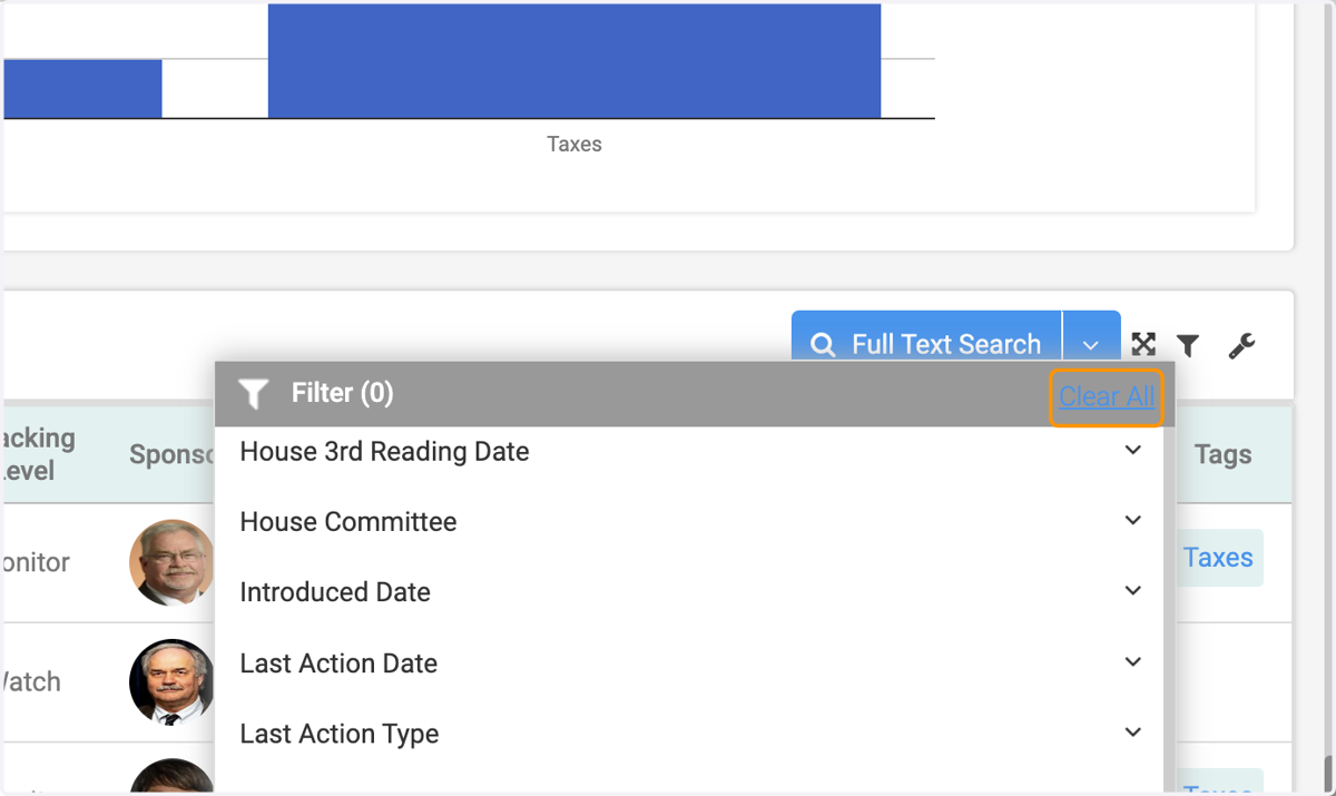 Remember to click on Clear All to view full list of tracked bills
