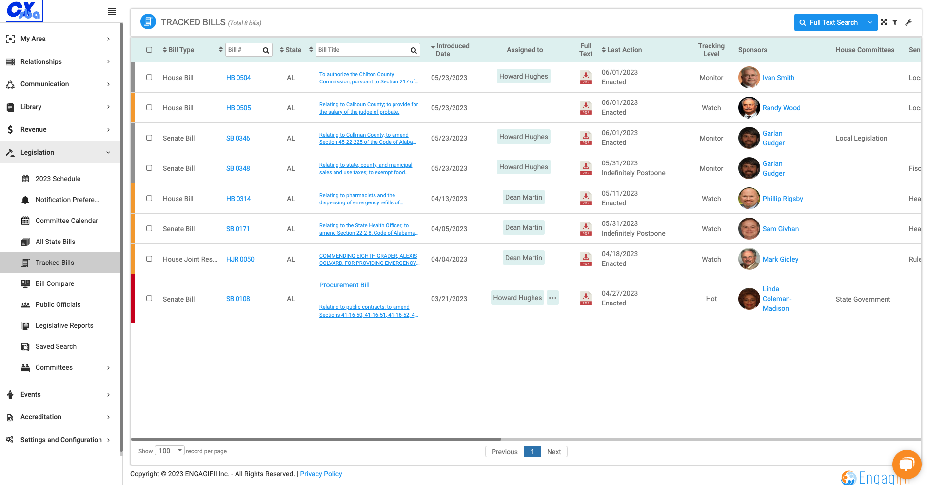 Scroll down to view the Tracked Bill details in a list view