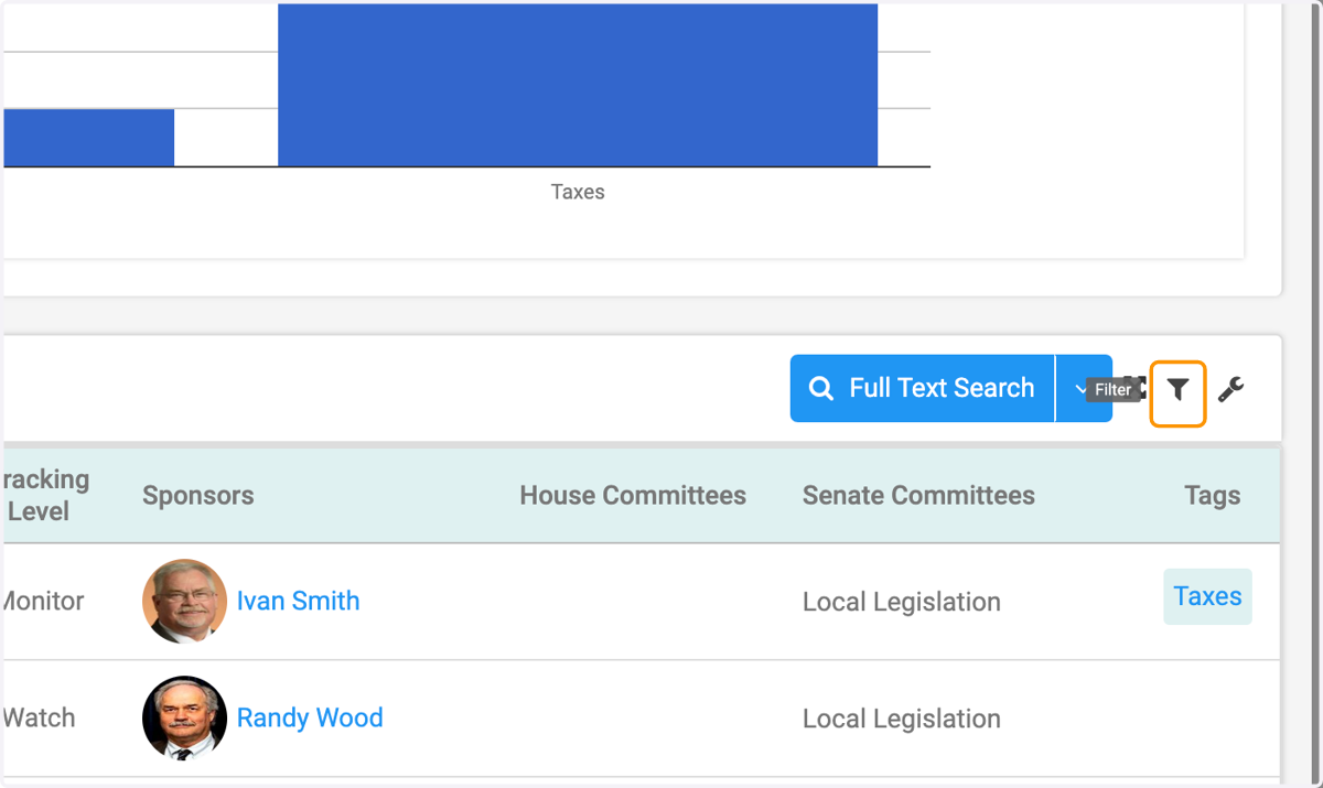 Click on the Filter icon to filter and sort the tracked bills