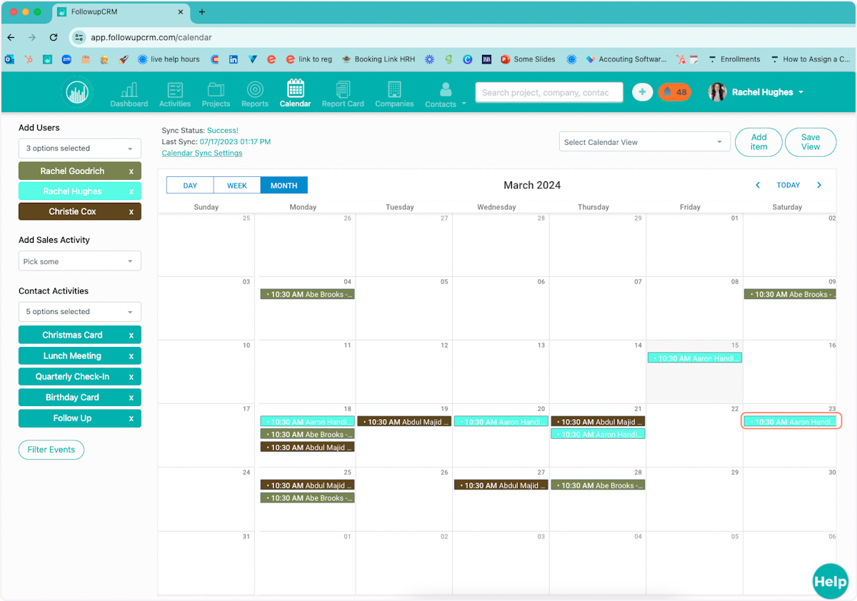 And now you can see a full calendar view of all the Contact Activities that are scheduled for Rachel, Rachel, and Christie in the month of March. 