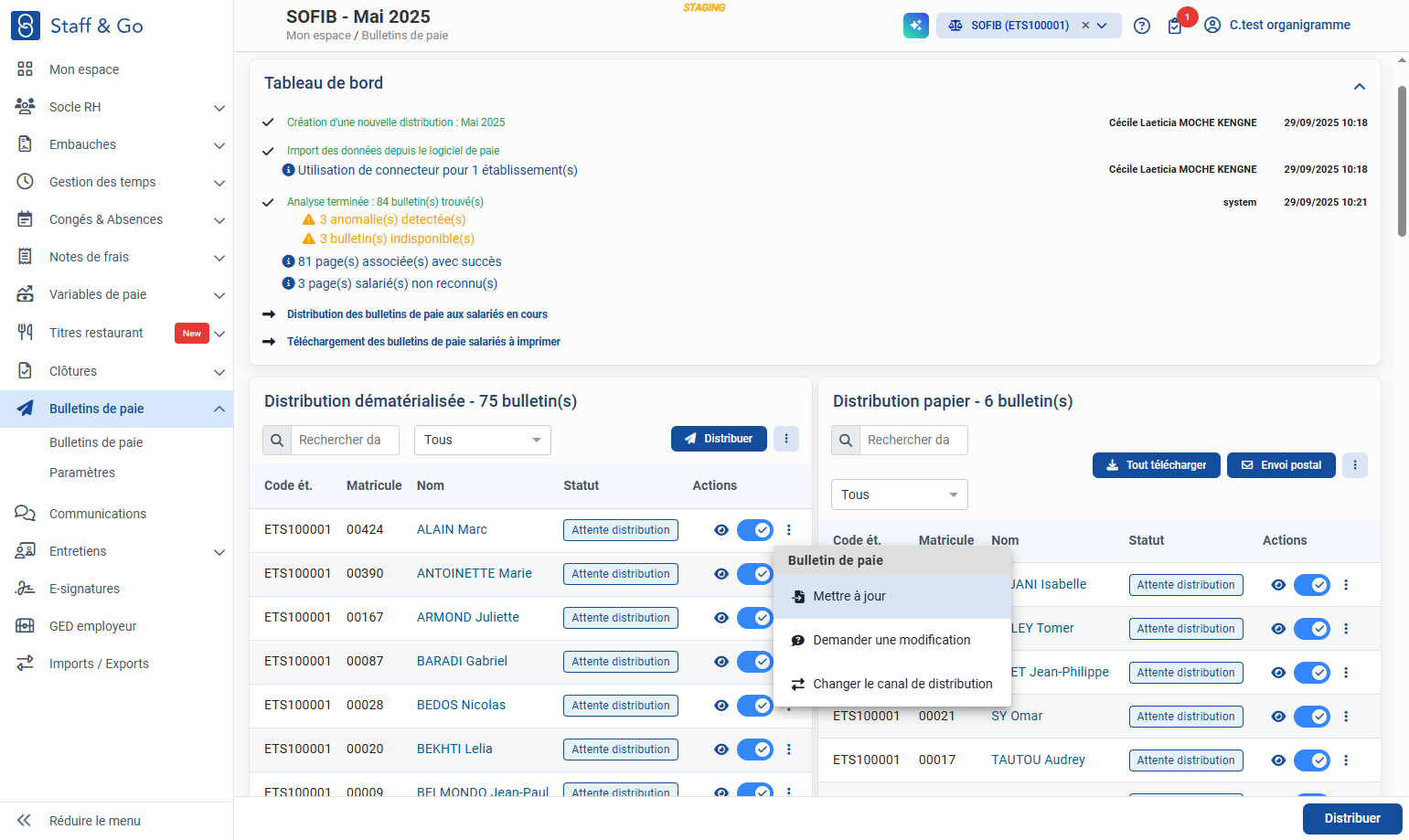 Si vous souhaitez une mise à jour d'un seul salarié, cliquez sur les 3 points à droite de la fiche salarié et cliquez sur Mettre à jour