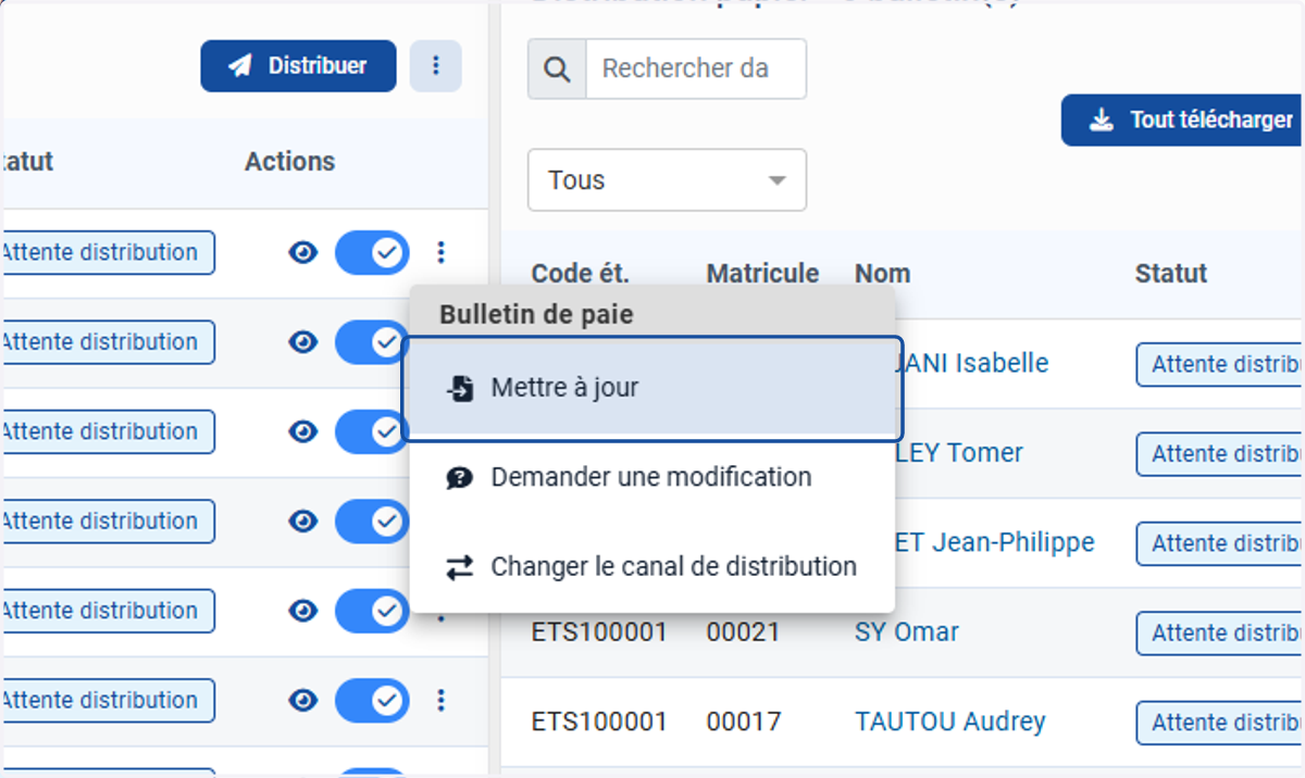 Si vous souhaitez une mise à jour d'un seul salarié, cliquez sur les 3 points à droite de la fiche salarié et cliquez sur Mettre à jour