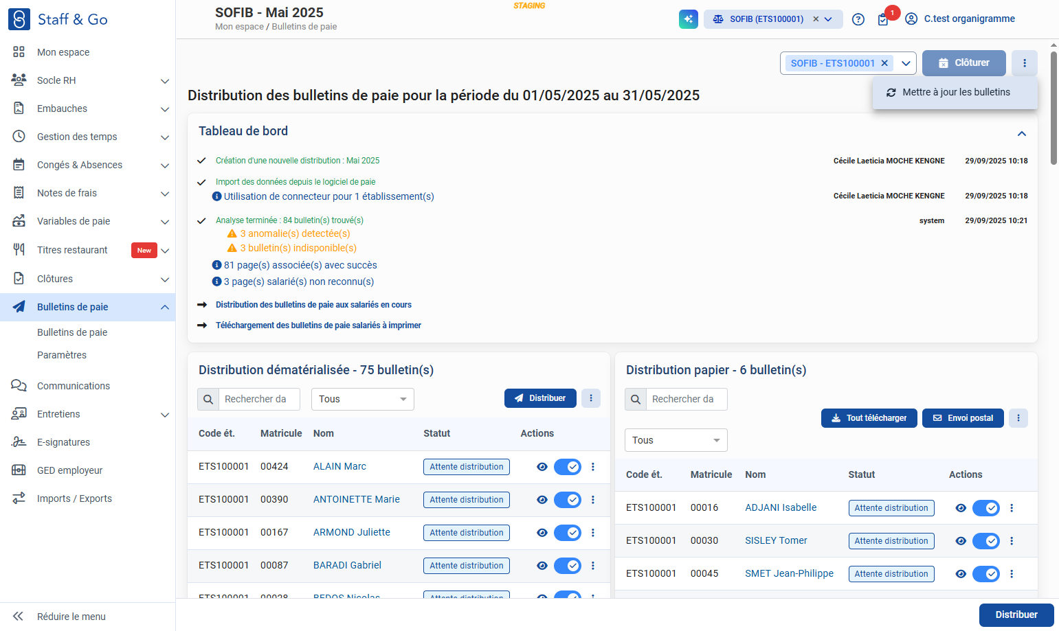 Si vous souhaitez une mise à jour de l'ensemble des salariés, cliquez sur les 3 points en haut à droite et cliquez sur Mettre à jour les bulletins