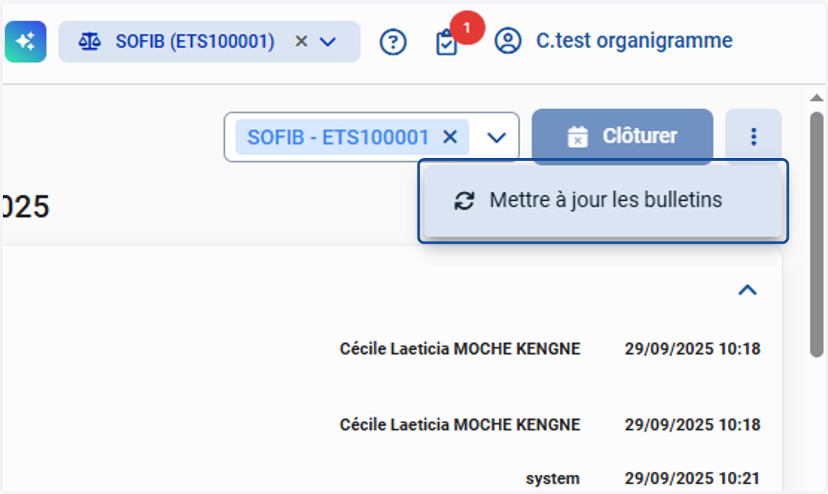 Si vous souhaitez une mise à jour de l'ensemble des salariés, cliquez sur les 3 points en haut à droite et cliquez sur Mettre à jour les bulletins