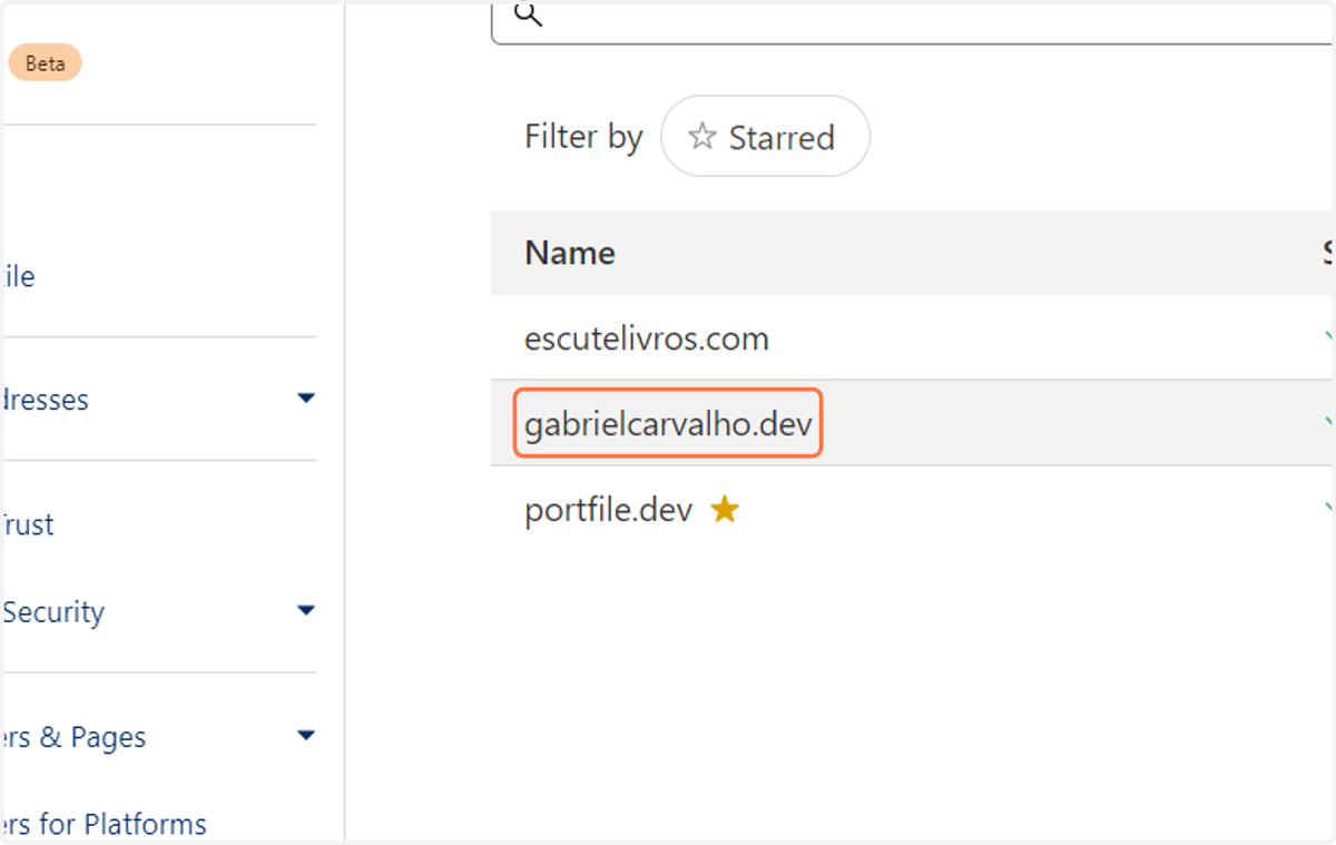 Click on your domain (in my case -> gabrielcarvalho.dev)