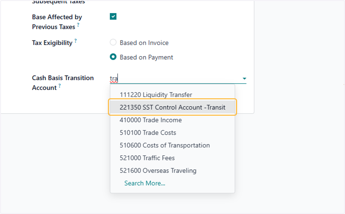 Select/Create a Tax - Transit Account