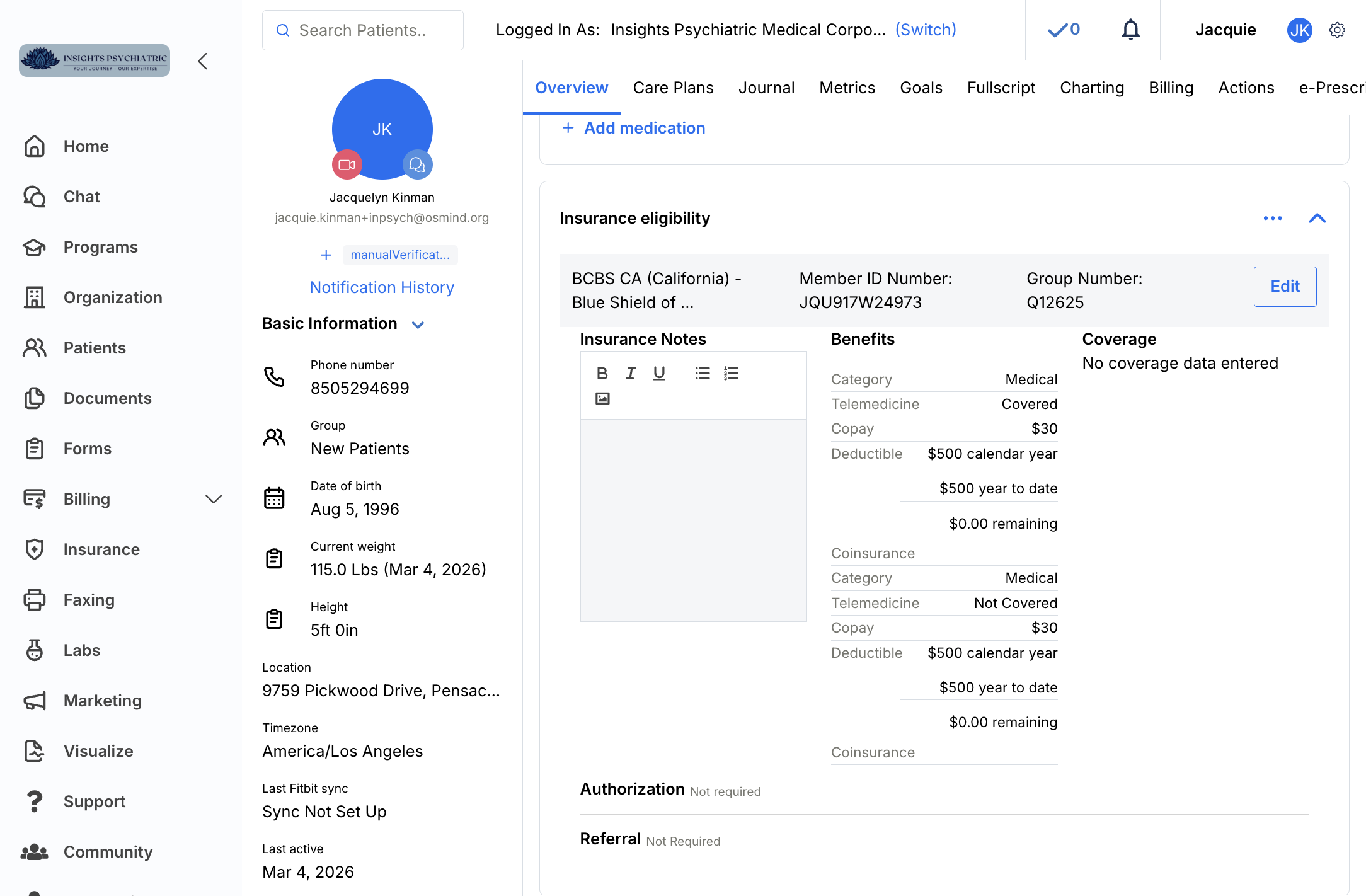 Scroll down to the Insurance eligibility under the Overview
