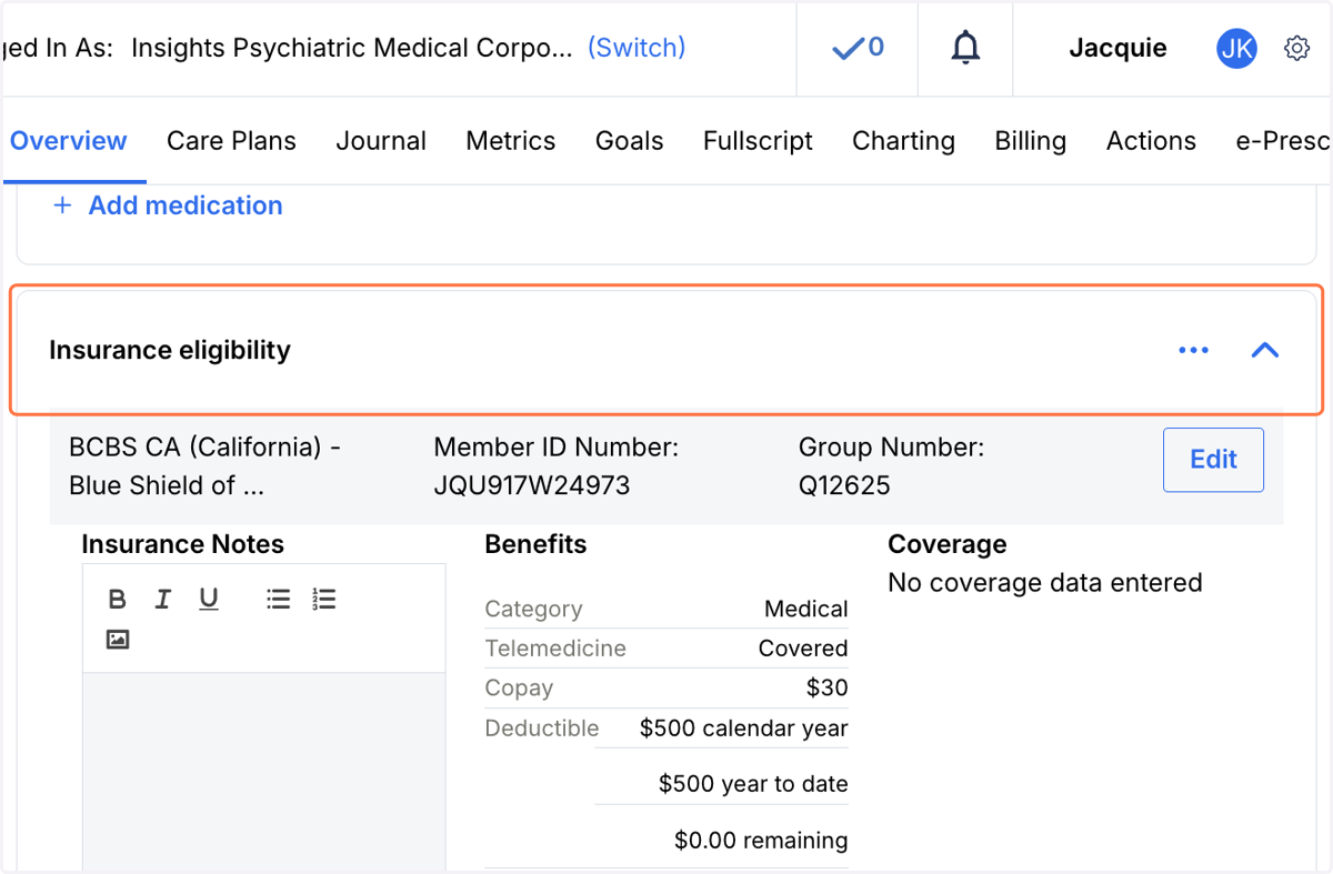 Scroll down to the Insurance eligibility under the Overview