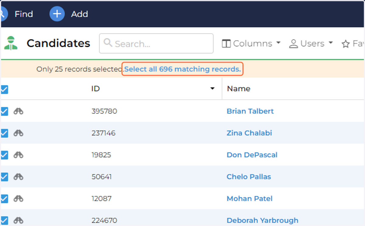 It will only select the first 25, make sure you click on Select all 696 matching records.