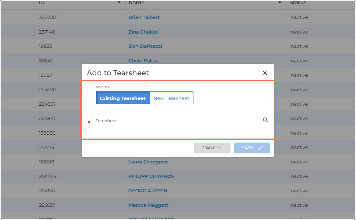 Choose Existing or New Add in the name of the tearsheet