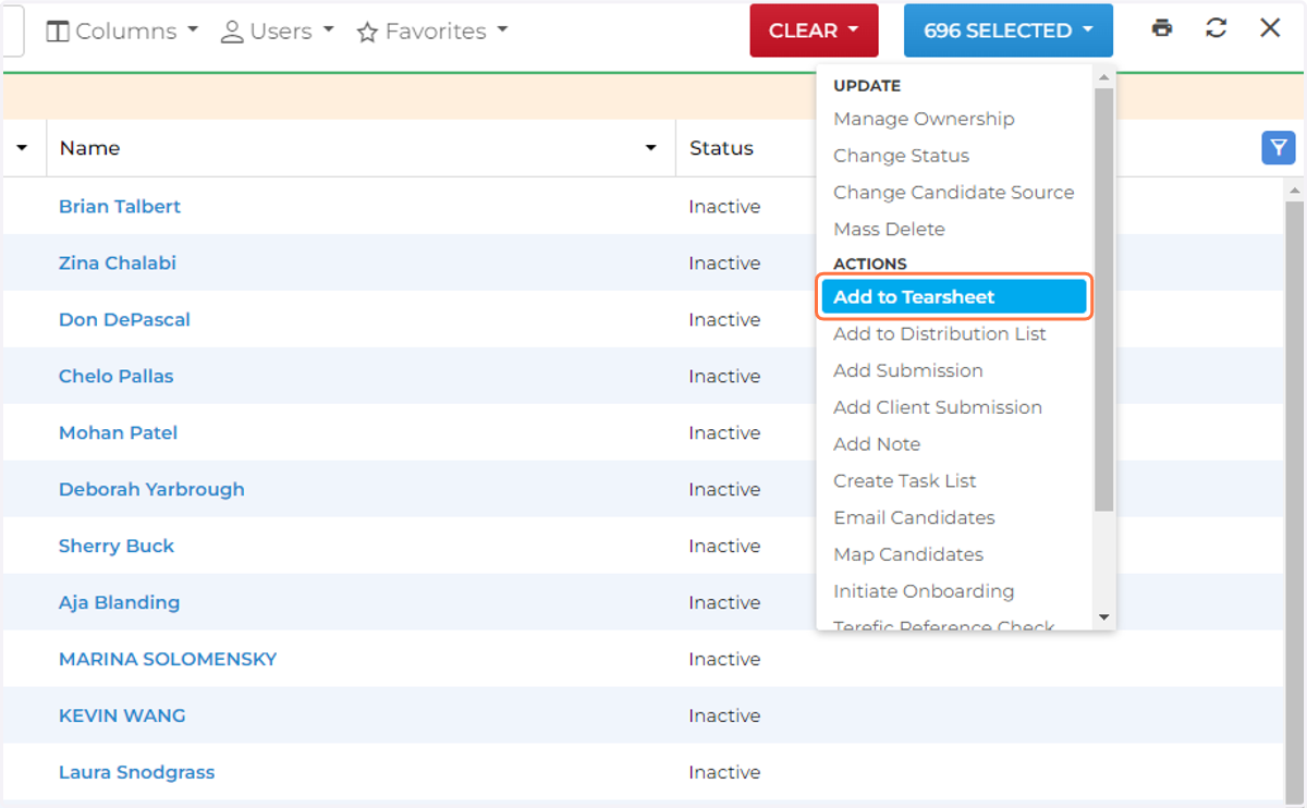 Click 696 Selected Click on Add to Tearsheet