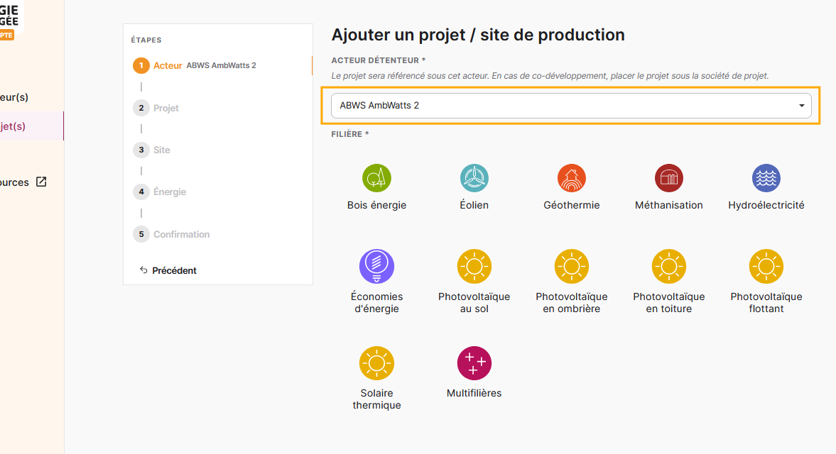 Choisissez le nom de l'acteur détenteur du projet/site de production
