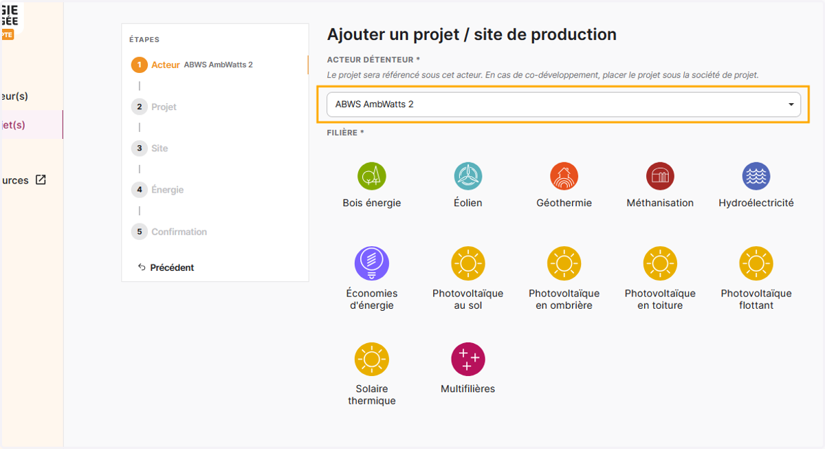 Choisissez le nom de l'acteur détenteur du projet/site de production