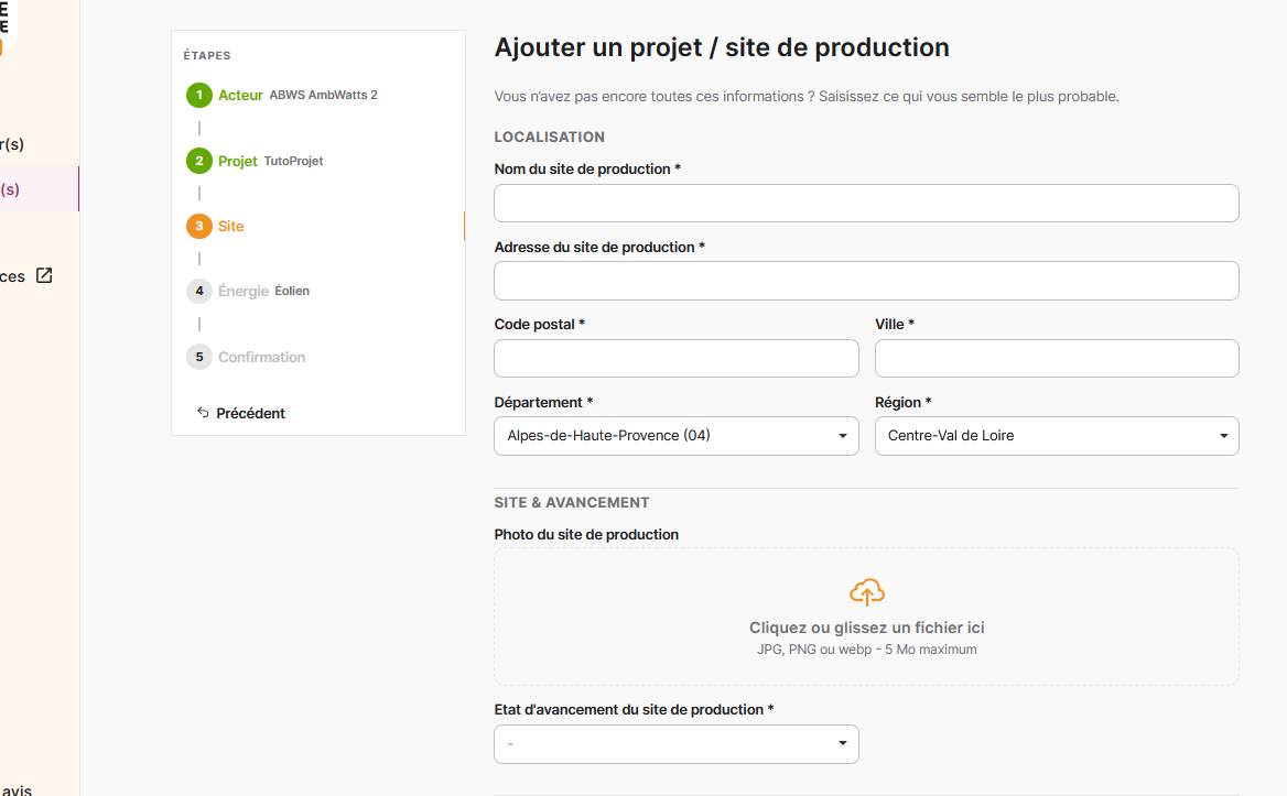 Remplir les informations de votre site de production