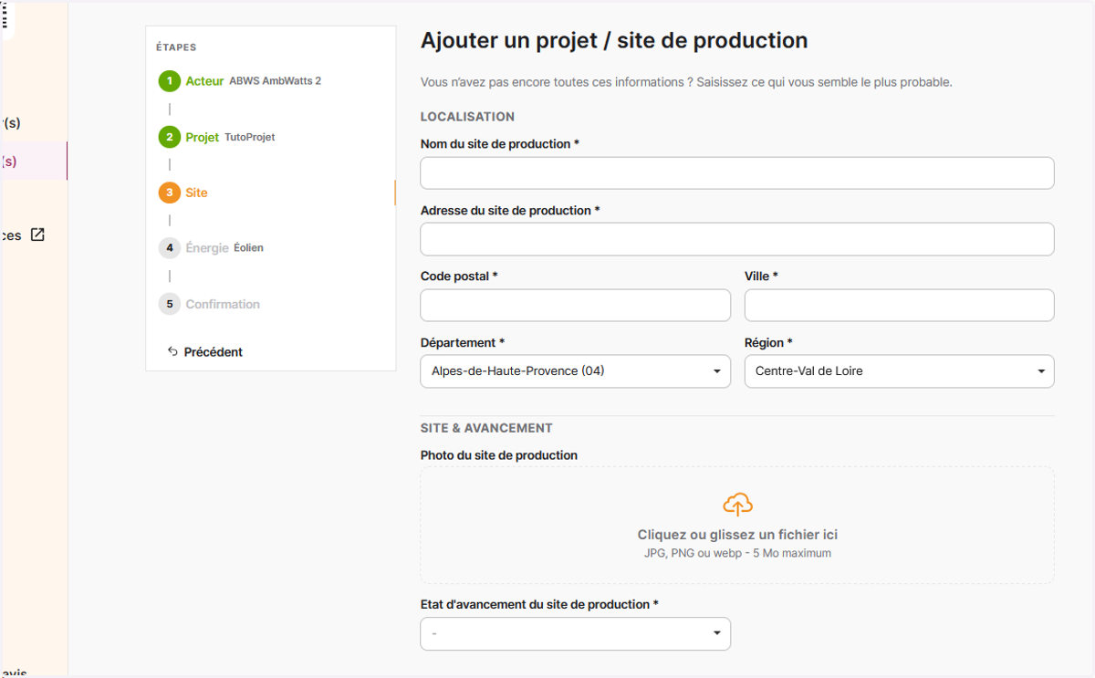 Remplir les informations de votre site de production