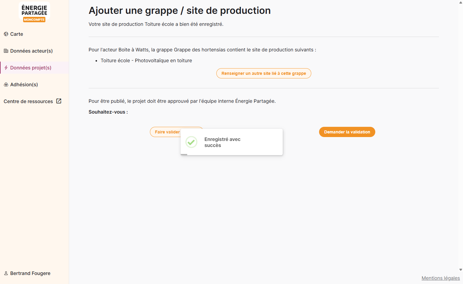 Votre site de production a bien été enregistré!