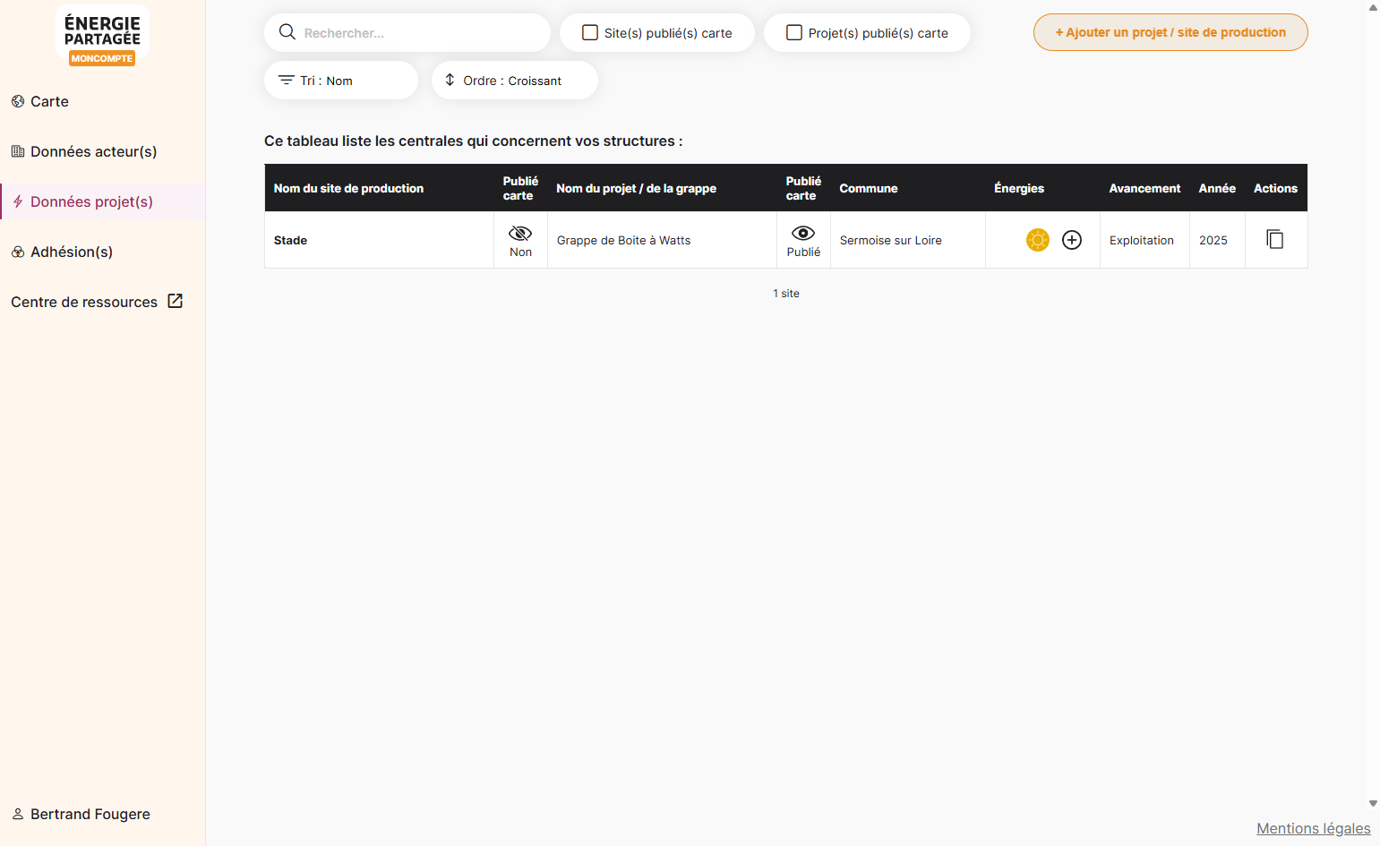 Cliquer sur "Ajouter un projet / site de production"