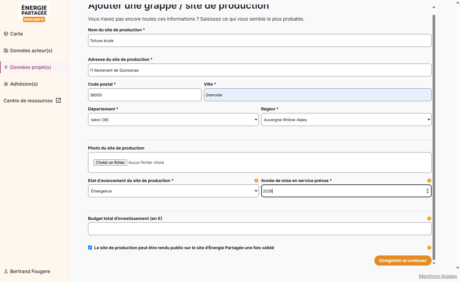 Cliquer sur "Enregistrer et continuer"