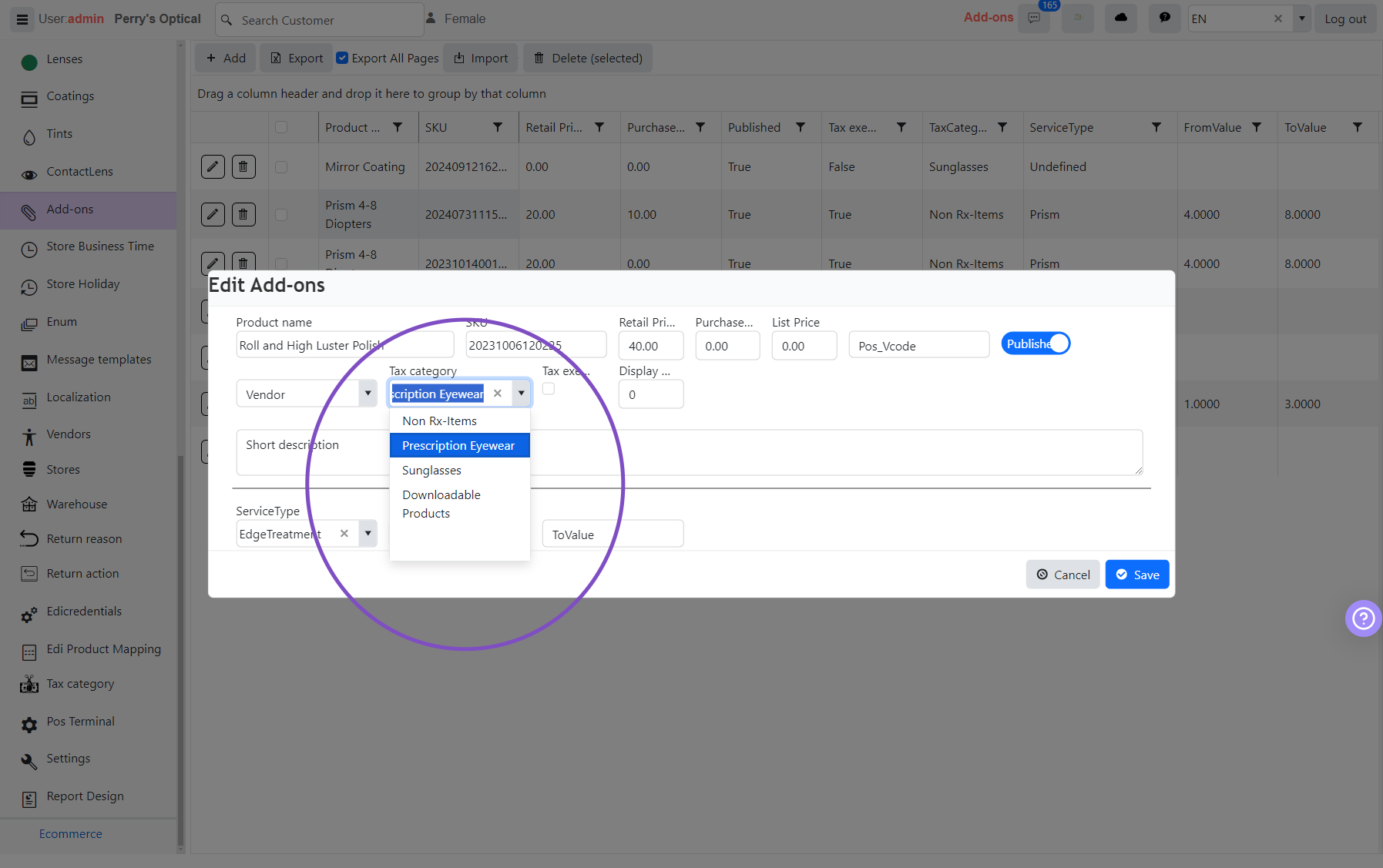 Open drop down menu. There are 4 tax categories selectable here each corresponding to a certain tax % you could set.