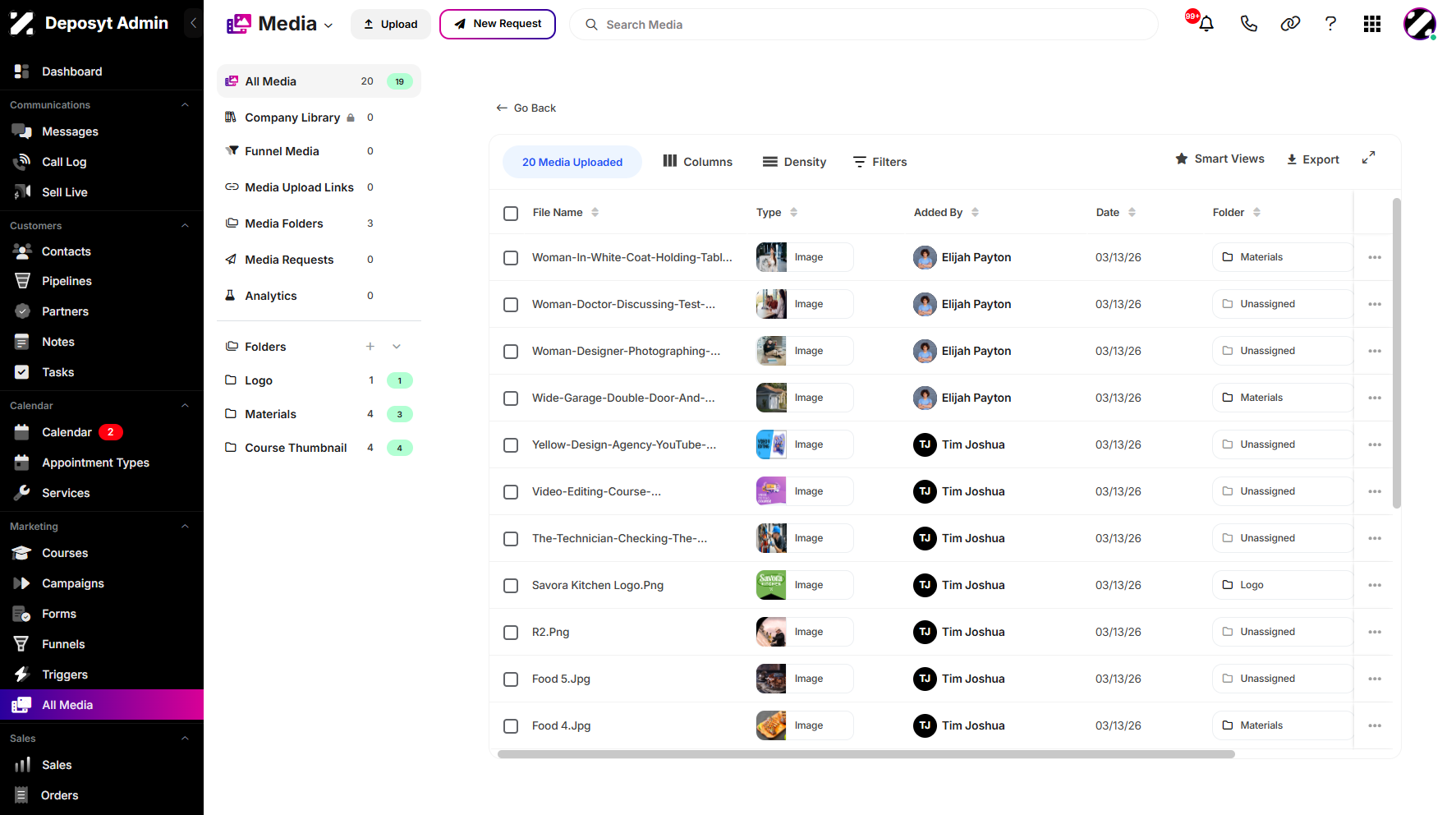 Step 8: Above the media preview, you can see the total number of media uploaded. You can also access the Columns, Density, and Filtering options.