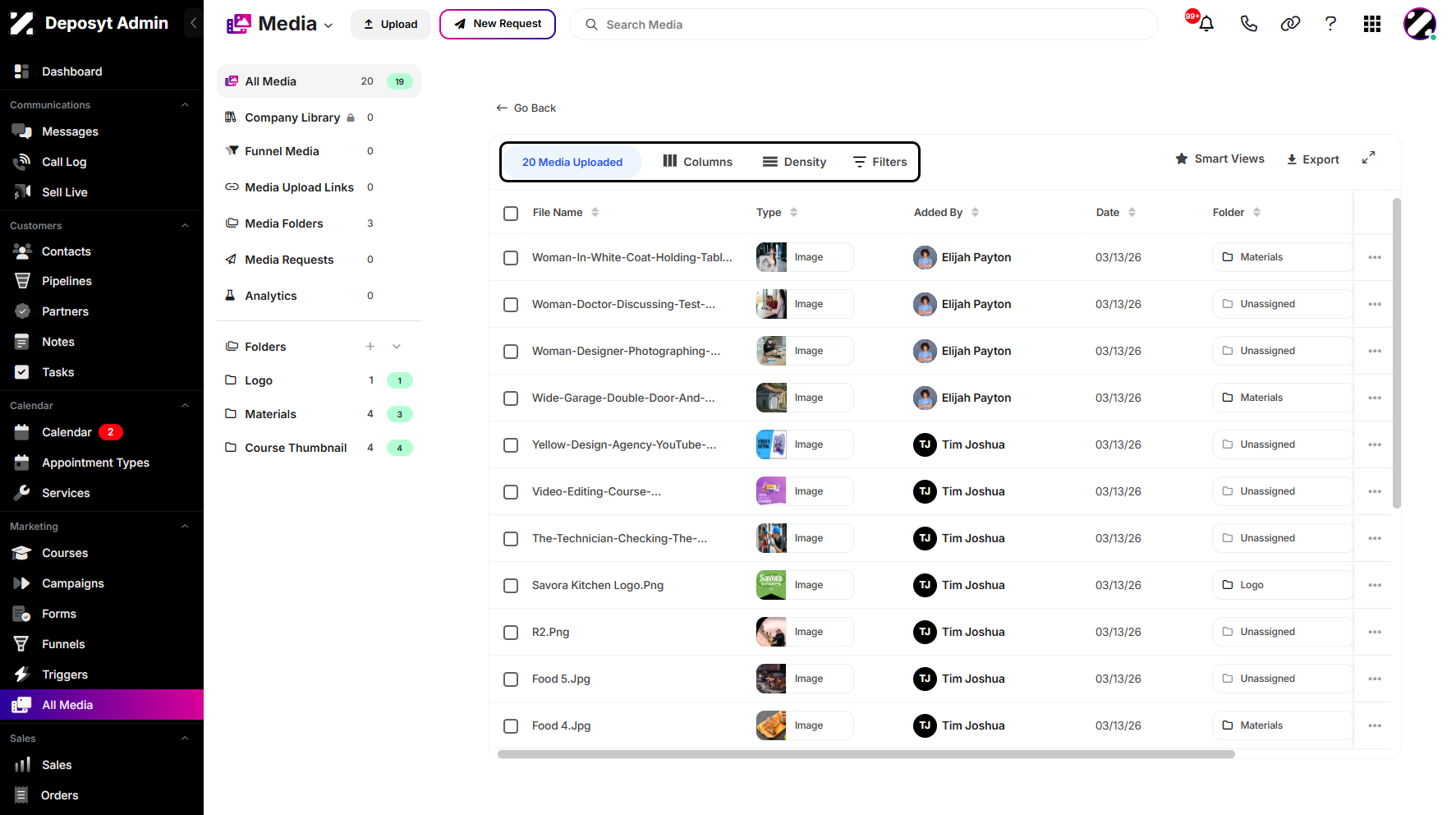 Step 8: Above the media preview, you can see the total number of media uploaded. You can also access the Columns, Density, and Filtering options.