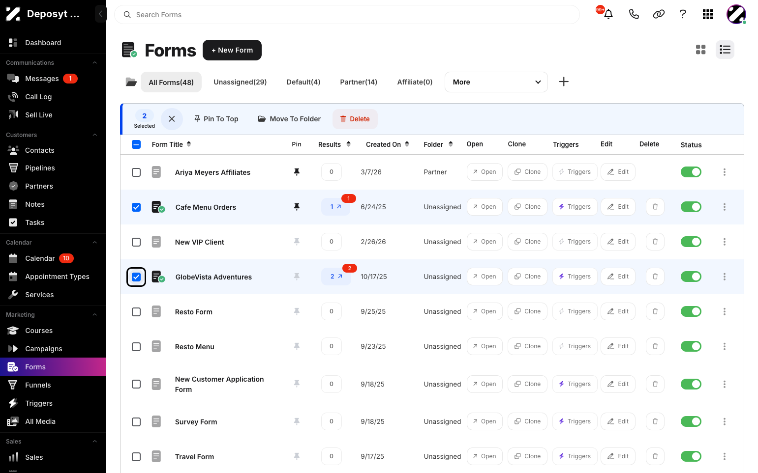 Step 2: You are then navigated to Forms. Select multiple forms or choose Select All.