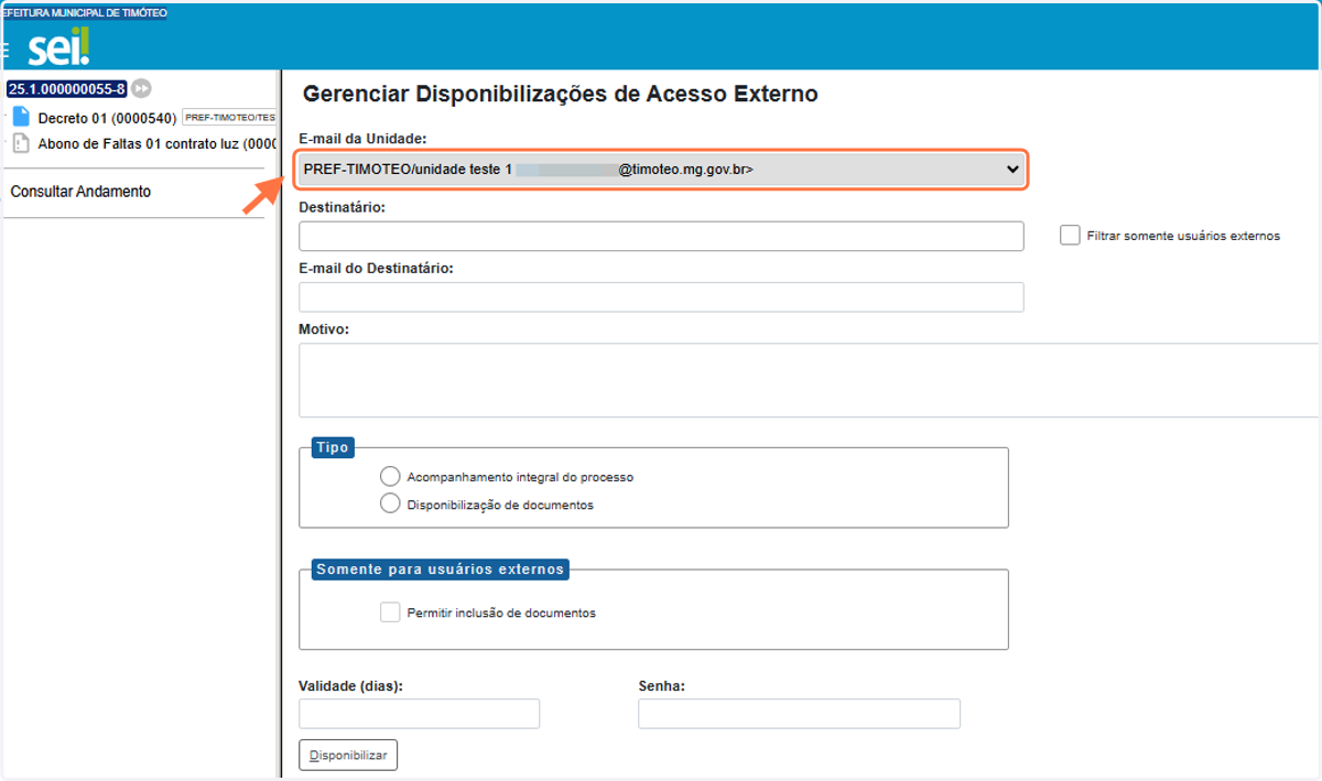Selecione o e-mail da sua unidade