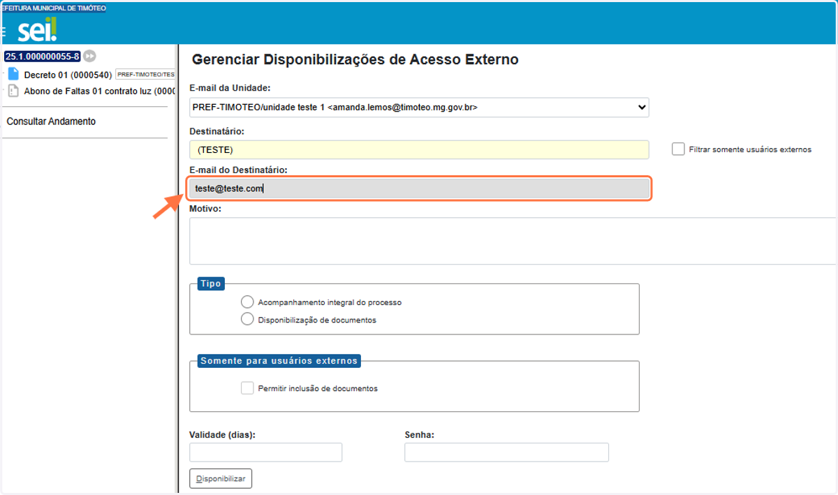Verifique o e-mail do destinatário