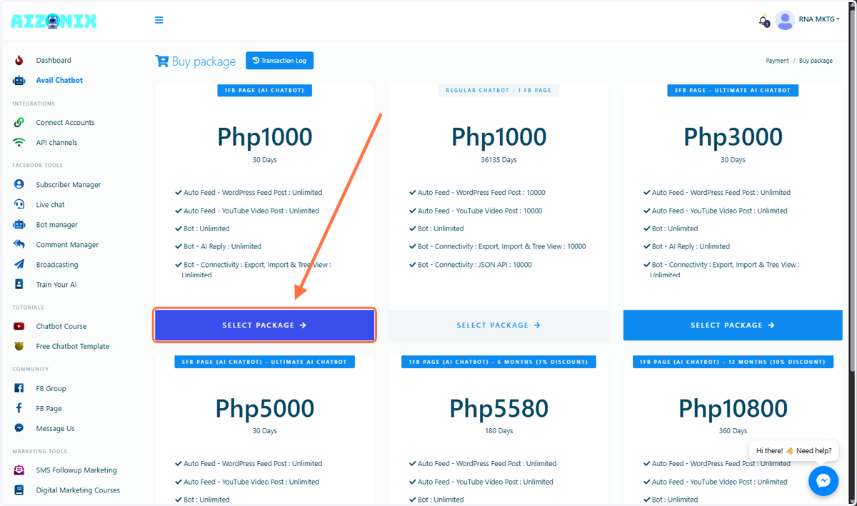 Click on 1FB PAGE (AI CHATBOT) then click on SELECT PACKAGE